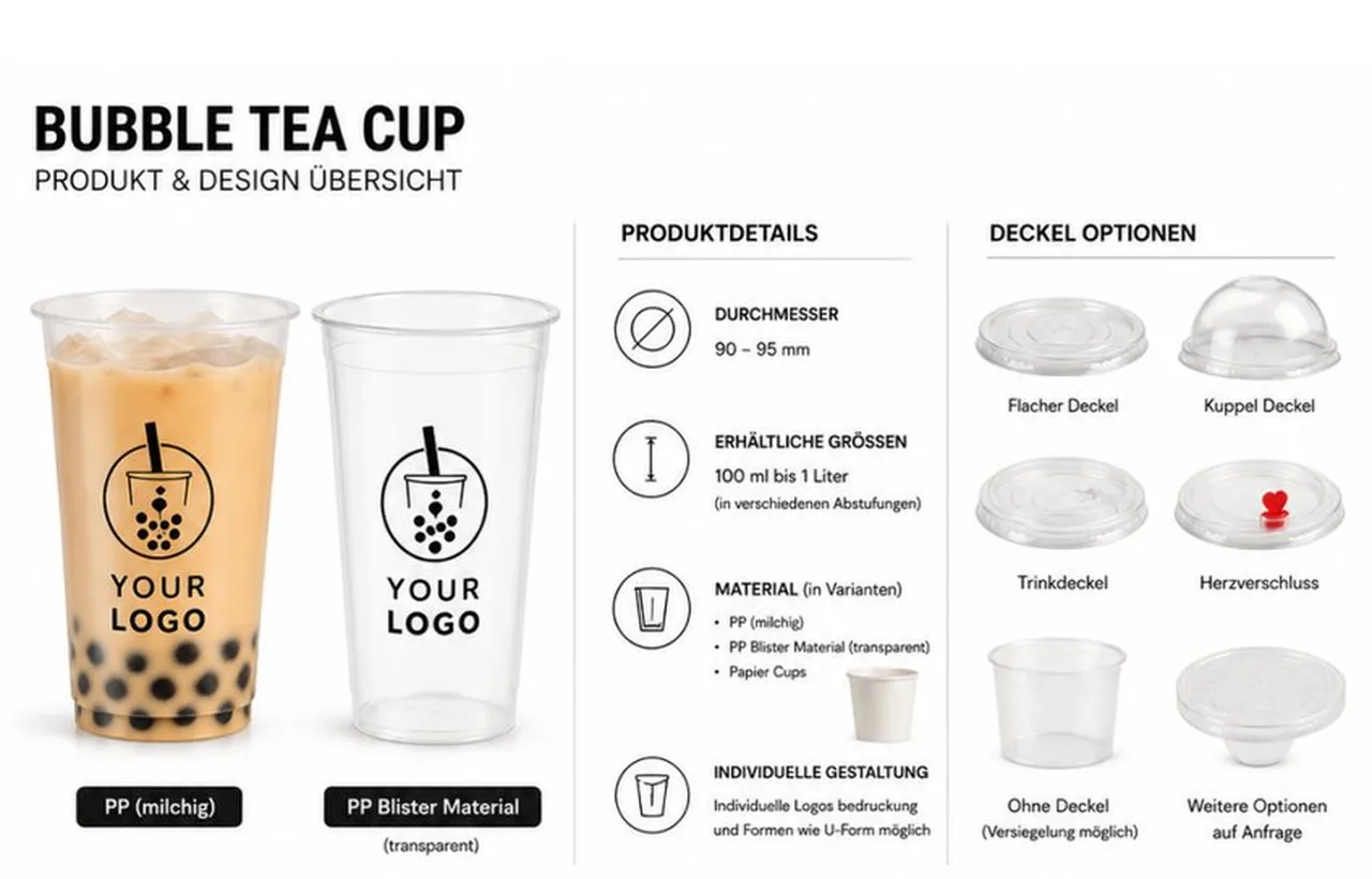Bubble Tea Becher mit Logo und Deckelvarianten für Großbestellung